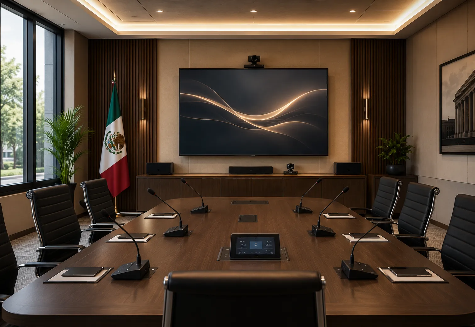 Aula de capacitación corporativa con proyección y audio profesional